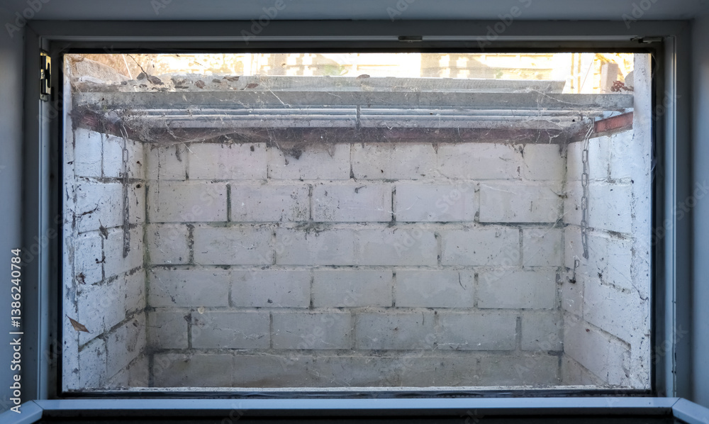 Window overlooking a small, dirty, white brick basement with spiderwebs and rusty metal grate