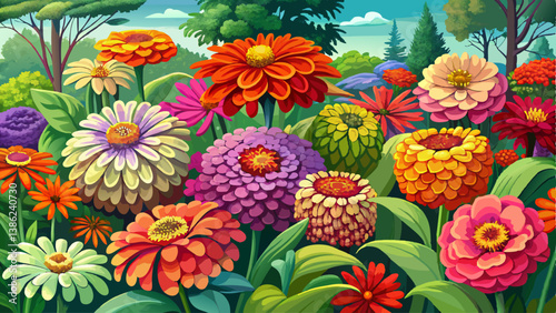 Many colorful zinnia flowers blooming in garden. Lush arrangement of flowers. Floriculture.