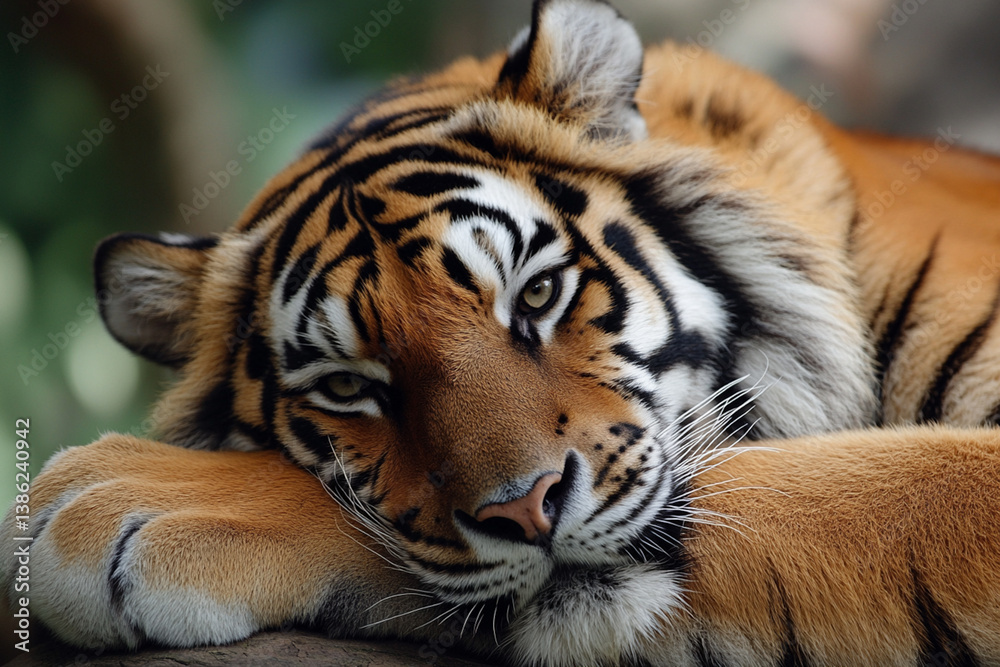 Fototapeta premium Relaxing Tiger Portrait with Paws Calmly Resting in Natural Habitat