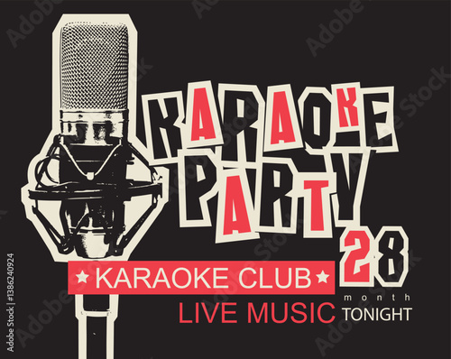 Vector music poster or banner for karaoke party with studio microphone and funny caption. Suitable for advertising poster, banner, flyer, invitation