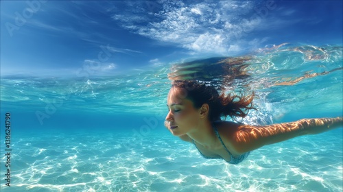 woman swimming in the sea, graceful and serene, natural beauty, clear blue water,