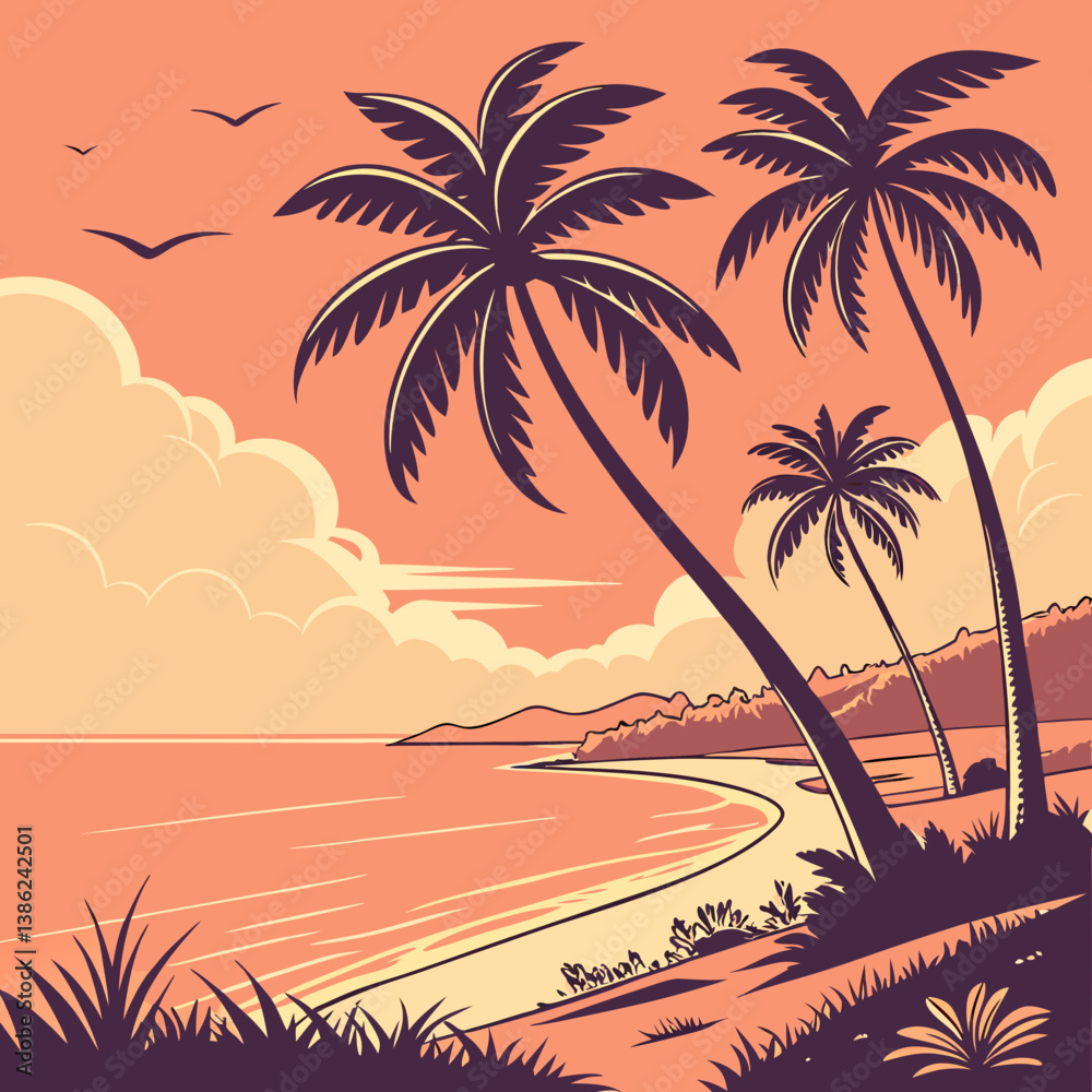 Fototapeta premium Tropical beach at sunset with palm trees and sea, perfect for a summer resort vibe