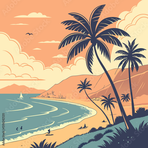 Tropical beach at sunset with palm trees and sea, perfect for a summer resort vibe
