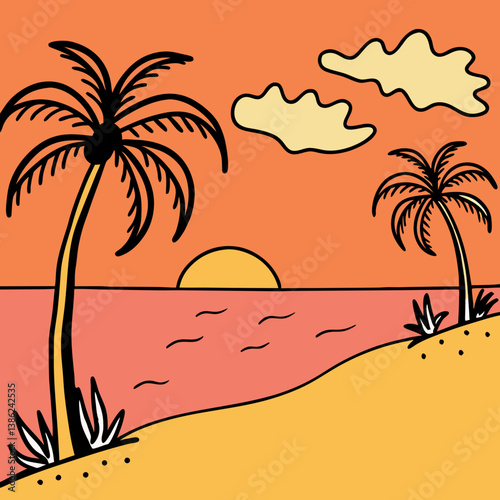 Tropical beach at sunset with palm trees and sea, perfect for a summer resort vibe