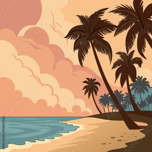 Tropical beach at sunset with palm trees and sea, perfect for a summer resort vibe