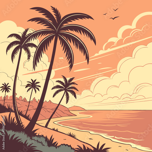 Tropical beach at sunset with palm trees and sea, perfect for a summer resort vibe