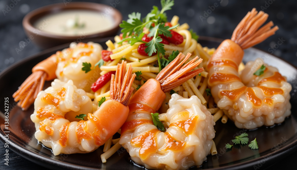 Delicious shrimp tempura with dipping sauce and noodles, culinary delight Delicious shrimp tempura with dipping sauce and noodles, culinary delight