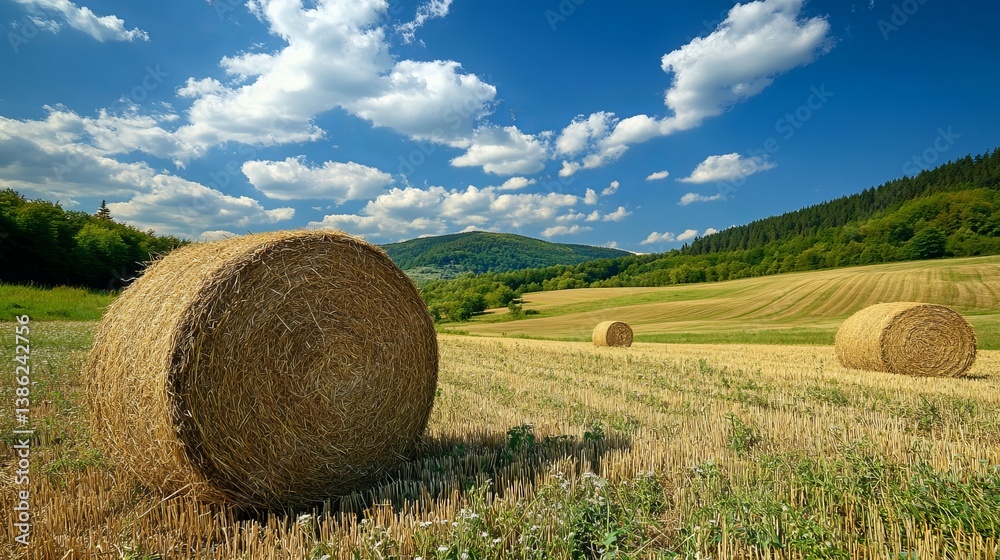 Hay bales in field landscape scenic view farm countryside agriculture summer harvest rural nature sky clouds Hay bales in field landscape scenic view farm countryside agriculture summer harvest rural nature sky clouds