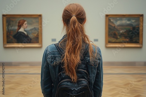 Young woman gazing at paintings in museum