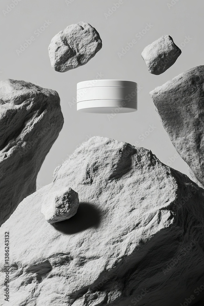 Naklejka premium Minimalist product presentation: a white container floats amidst rough rocks, neutral tones, simple, striking.