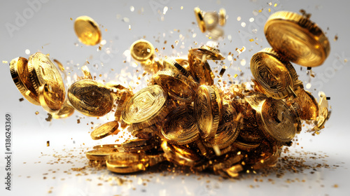 Realistic Gold coins explosion. Isolated on transparent background.