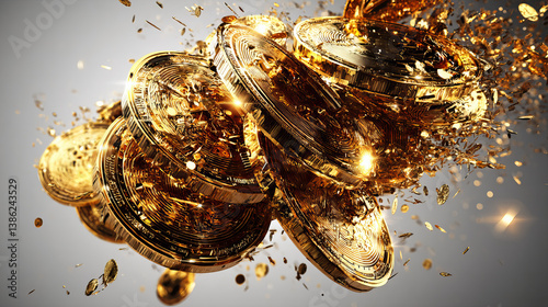 Realistic Gold coins explosion. Isolated on transparent background.