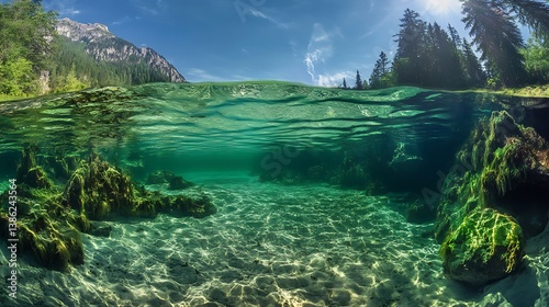 Serene underwater landscape a clear lagoon, captured with breathtaking clarity in stunning photography.