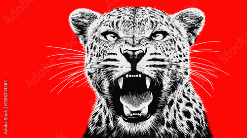 Vector Graphic Illustration of Fierce Roaring Leopard Head With Mouth Open Showing Sharp Teeth and Intense Expression Isolated on Vivid Red Background Ideal For Designs