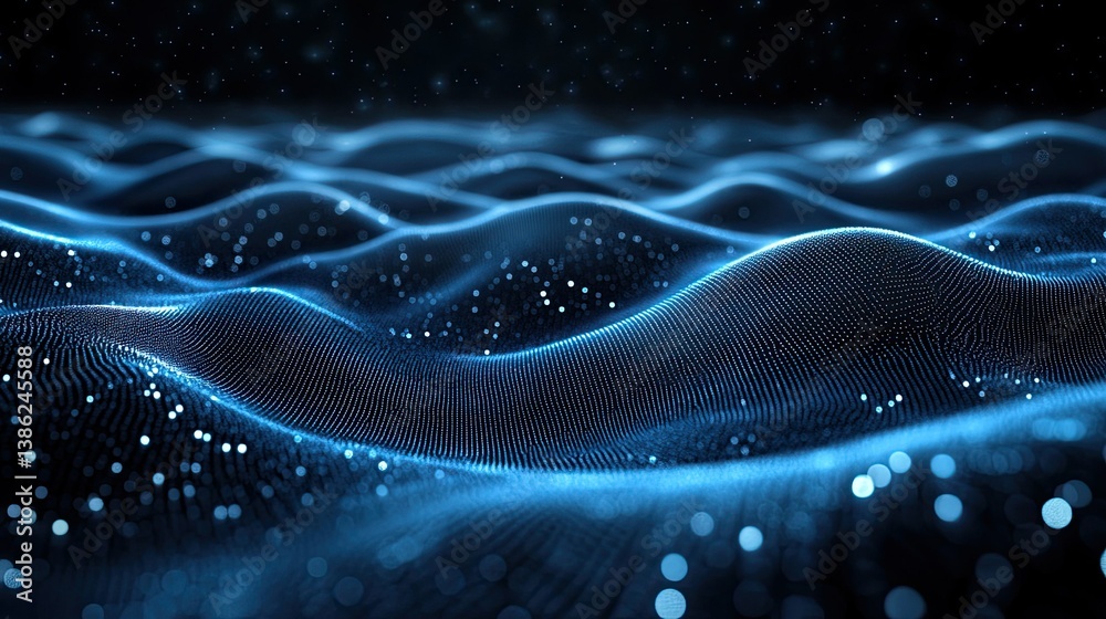 A 3D abstract dark blue background with a dot pattern and dimensional flow, symbolizing technology, data networks, and futuristic innovation for digital and tech-themed visuals.
