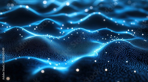 A 3D abstract dark blue background with a dot pattern and dimensional flow, symbolizing technology, data networks, and futuristic innovation for digital and tech-themed visuals.