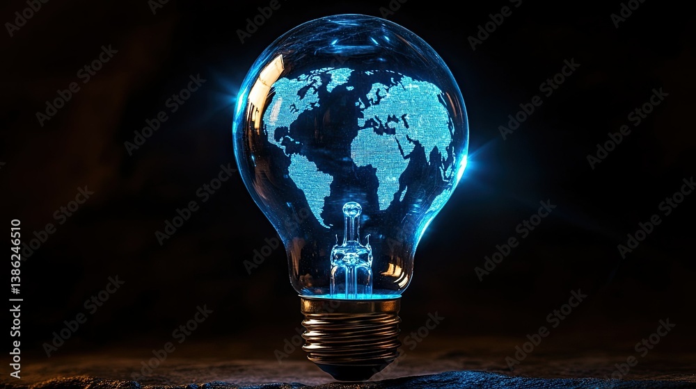 A blue lightbulb with a world map inside glows brightly against a stark black backdrop. --ar 16:9 --style raw --stylize 250 --v 6.1 Job ID: 073dd6ae-4074-4851-bc6a-35c22c3d99be