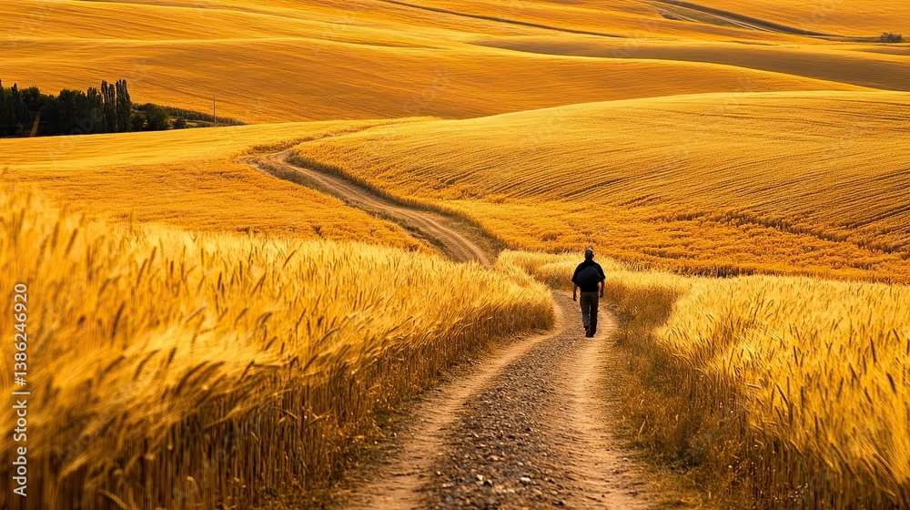 Obraz premium Golden fields meet the horizon as a lone figure traverses a winding path through the ripe crop.