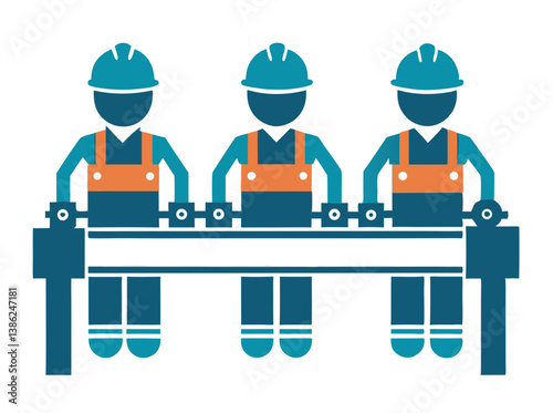  Vector of factory workers operating an automated assembly line, wearing safety helmets and uniforms, isolated on white background.
