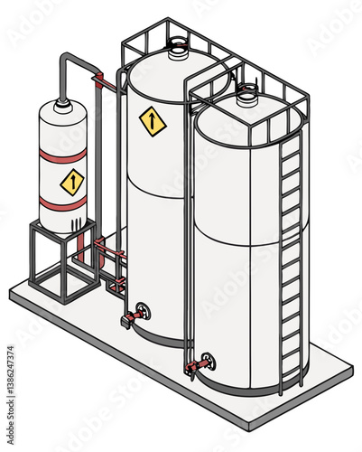  Vector of industrial chemical tanks, pipes, and valves, isolated on white background.
