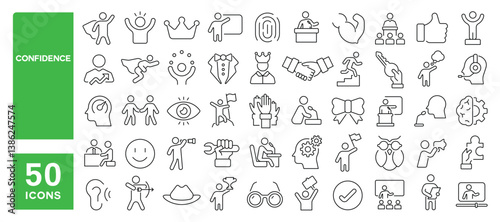 Set of 50 line icons related to confidence, leadership, trust, talk skill, reliability, sociability, leader, self confidence, Editable stroke. Vector illustration