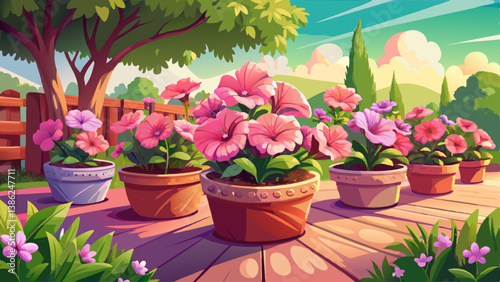 Pink petunia flowers in flowerpots on a background of a garden plot in spring or summer in sunlight.