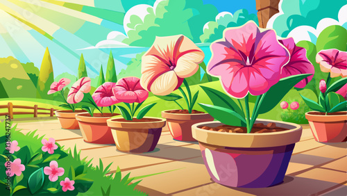 Pink petunia flowers in flowerpots on a background of a garden plot in spring or summer in sunlight.