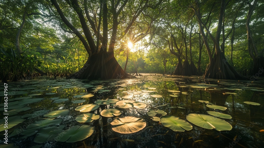 Naklejka premium Explore the serene beauty of a swamp landscape with lily pads and sunlight streaming through trees today