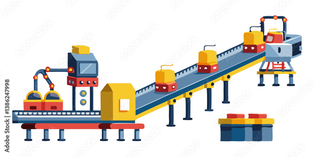 Naklejka premium Vector of a long automated conveyor belt with various industrial machines working together, isolated on white background. 