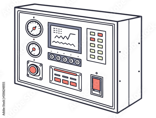  Vector of a digital industrial control panel with screens, buttons, and gauges, isolated on white background.
