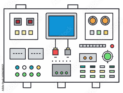  Vector of a digital industrial control panel with screens, buttons, and gauges, isolated on white background.
