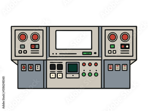  Vector of a digital industrial control panel with screens, buttons, and gauges, isolated on white background.
