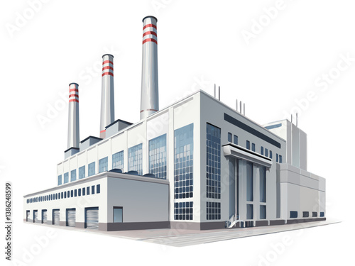  Vector illustration of a modern industrial factory building with smokestacks, clean design, and minimal shadows, isolated on white background.
