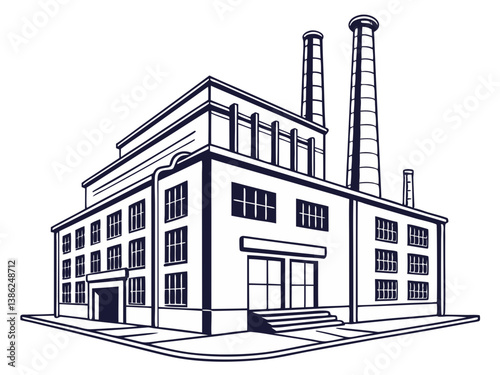  Vector illustration of a modern industrial factory building with smokestacks, clean design, and minimal shadows, isolated on white background.
