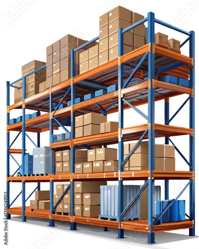  Vector of warehouse shelves stacked with boxes and goods, isolated on white background.
