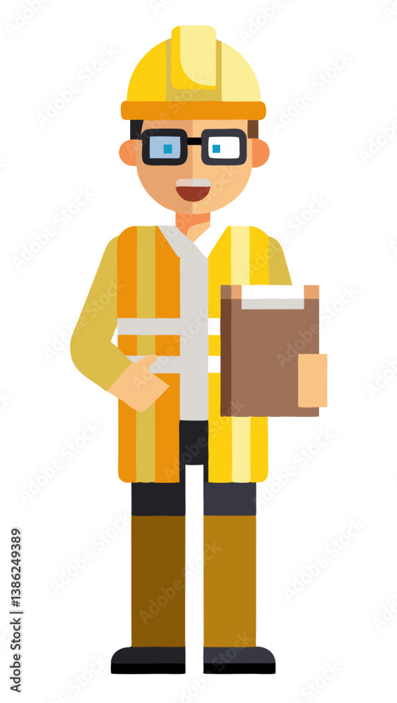 Vector of an industrial worker wearing a hard hat, vest, and safety glasses, holding a clipboard, isolated on white background.
Vector of an industrial worker wearing a hard hat, vest, and safety glasses, holding a clipboard, isolated on white background.