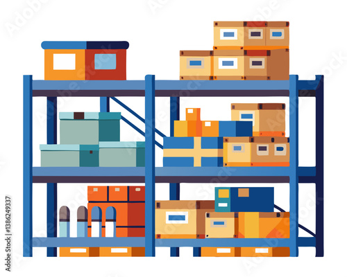  Vector of warehouse shelves stacked with boxes and goods, isolated on white background.
