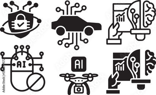 artificial intelligence, ai icons, cybersecurity, data protection, digital shield, ai car, autonomous vehicle, self driving car, future transportation, ai analysis, brain chip, data visualization, sma