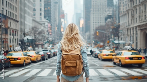 Woman walking down city street