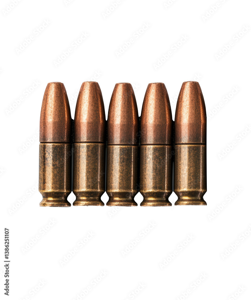 Copper and brass bullets arranged in a row for display, cut out Copper and brass bullets arranged in a row for display, cut out