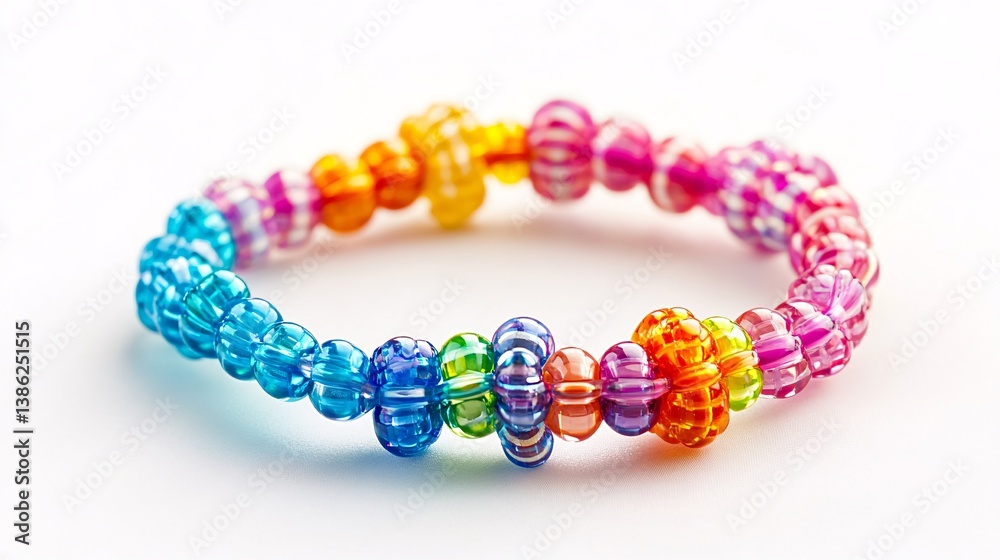 Colorful beaded bracelet resting on white surface Colorful beaded bracelet resting on white surface