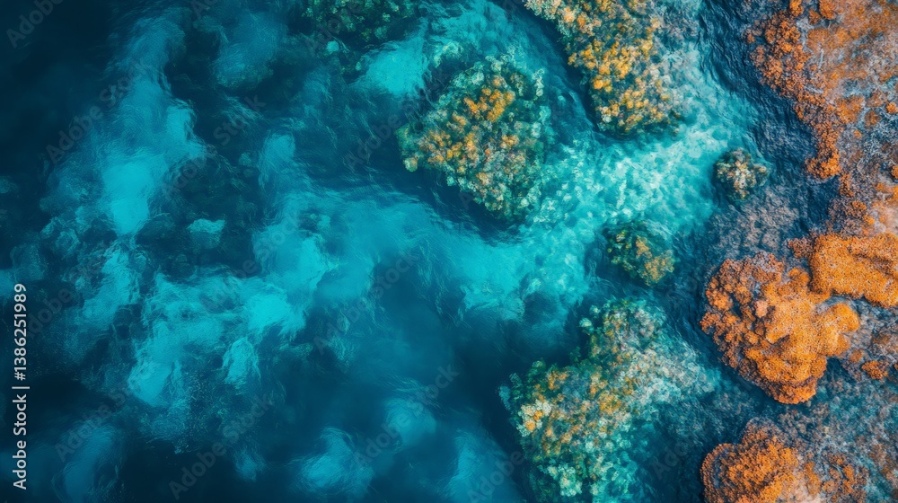 Naklejka premium Vibrant aerial view of colorful coral reefs beneath turquoise ocean waves