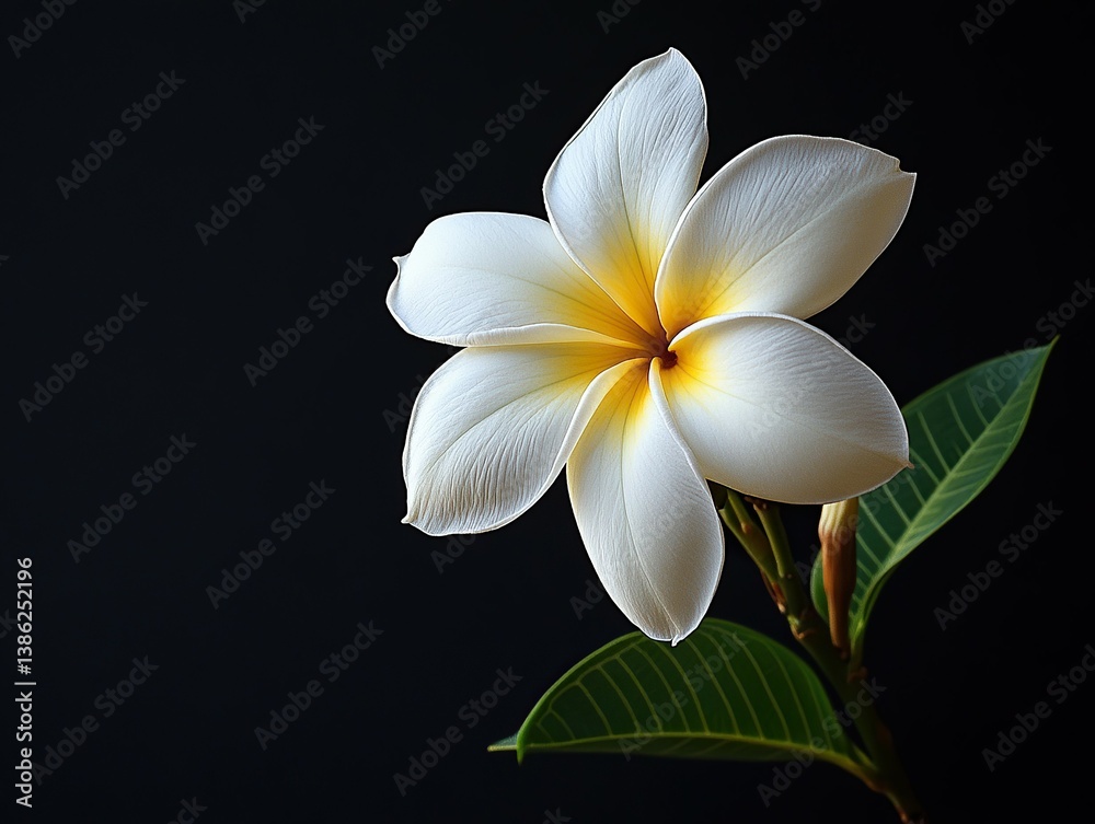 Elegant blossom with petals of white and a golden center, accented by leaves against a stark black backdrop.