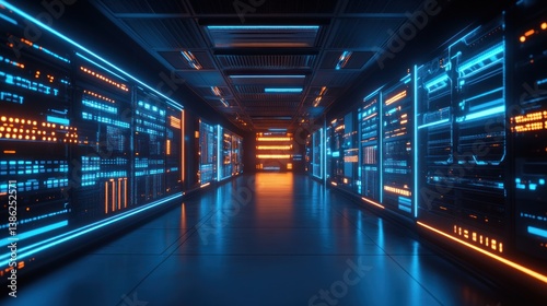 Futuristic server room hallway with neon lighting