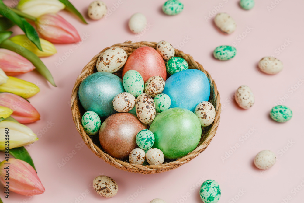 Fototapeta premium Easter eggsin basket on pink background with tulips.