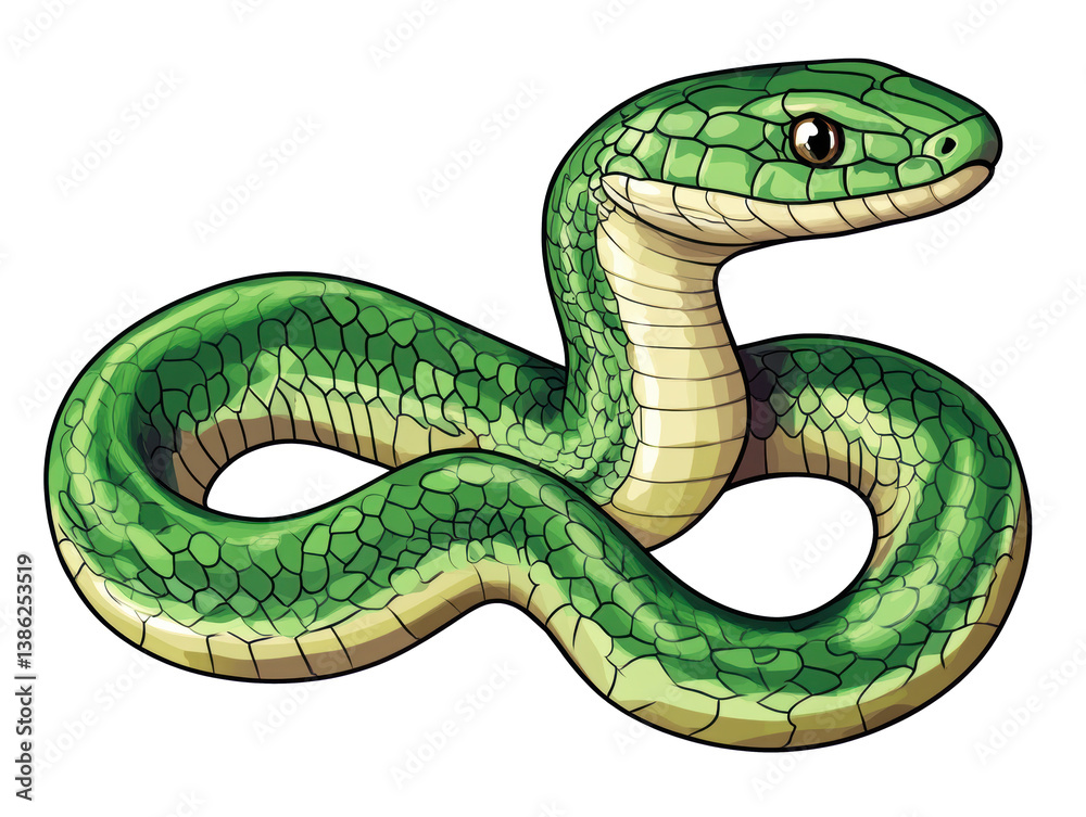 Fototapeta premium Green snake with detailed scales in natural educational pose, cut out