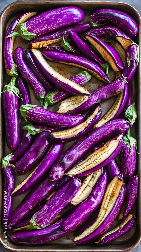 Roasted Eggplants in Baking Tray, Purple Vegetable Roasted Eggplants in Baking Tray, Purple Vegetable
