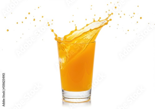 A glass of orange juice splashing with droplets isolated on a white background in a studio shot
