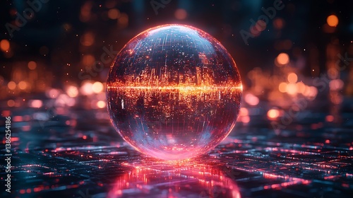 Glossy holographic logo with soft neon reflections, dynamic motion blur, and floating futuristic elements, set in dark cyberspace