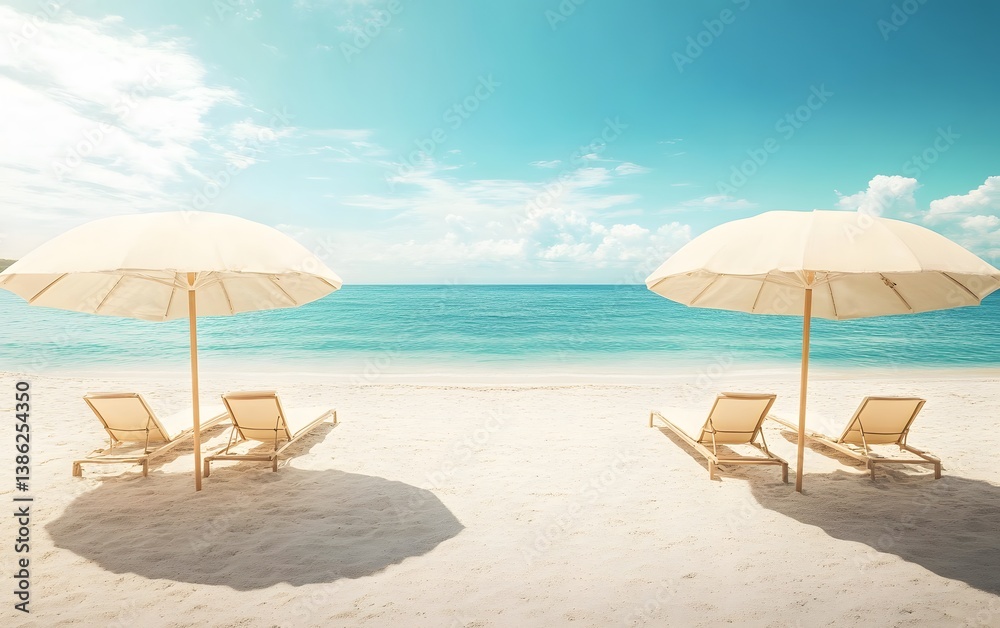 Relaxing Beach Scene with Umbrellas and Lounge Chairs Relaxing Beach Scene with Umbrellas and Lounge Chairs